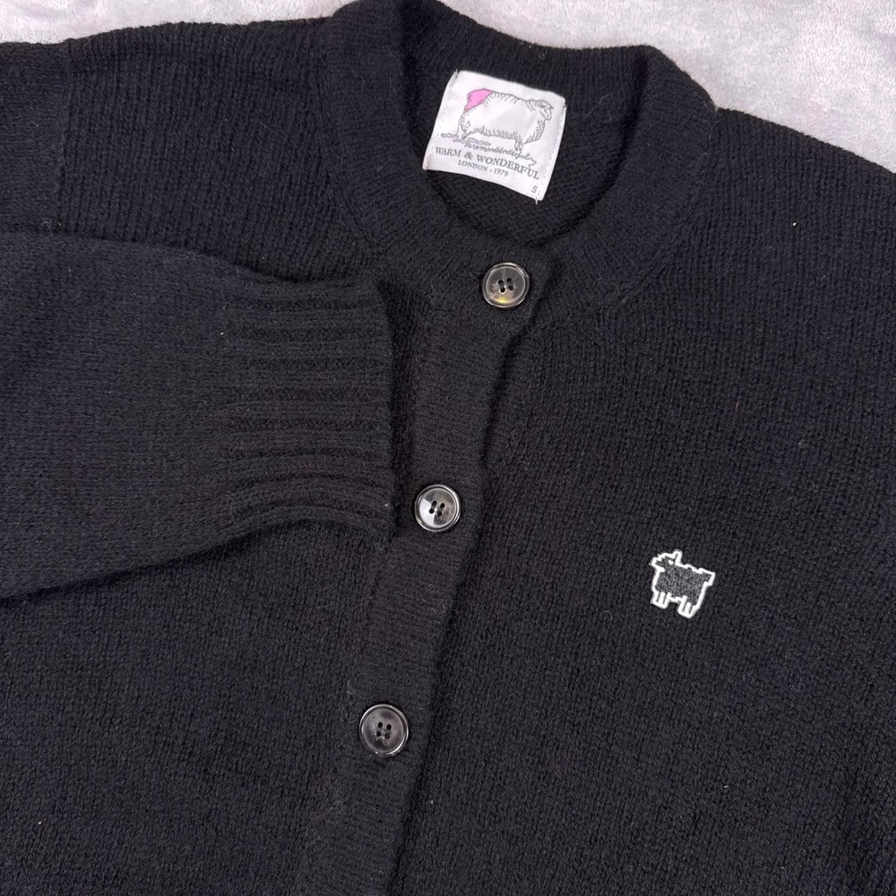 Warm & Wonderful Black Sheep Cardigan Womens Small 100% Shetland Wool Black*